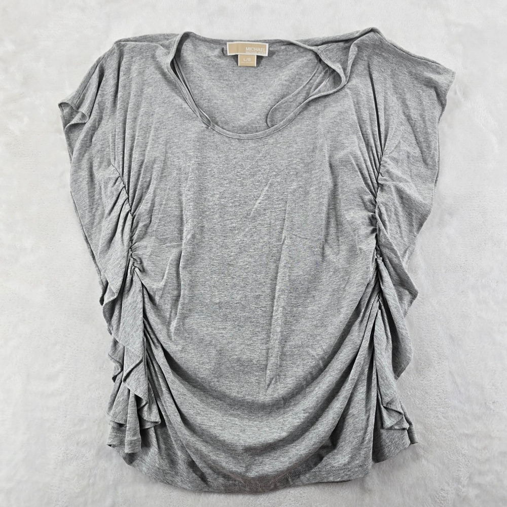 Michael Kors Top Womens Large L Top Gray Ruched Side Scoop Neck Short Sleeve